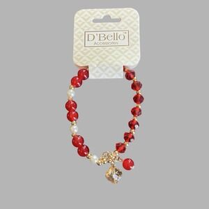 D'Bello Beaded Stretch Charm Bracelet Womens Red Gold Jewelry Costume Gift NEW